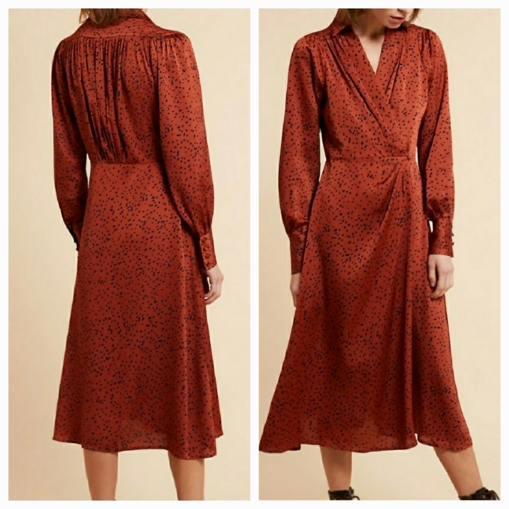 Rust Dot Wrap-Style Midi Dress